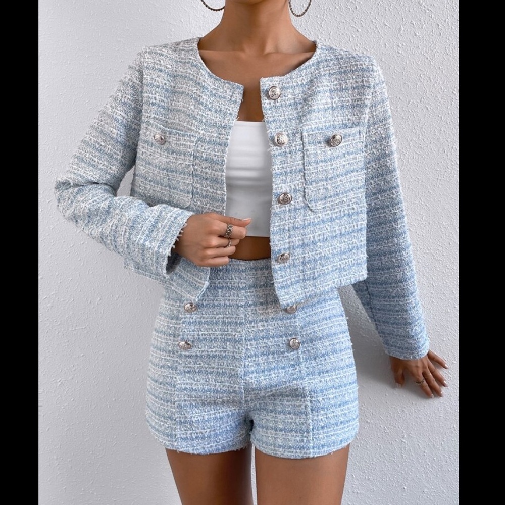 Cropped Tweed Jacket & High-Waist Shorts in Sky Blue, Size S - Picture 6 of 11